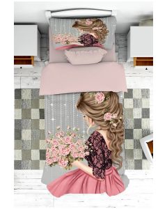 Posteljina za decu Set navlaka 140x200cm jastučnica 50x70cm - Devojčica sa cvećem - U-042